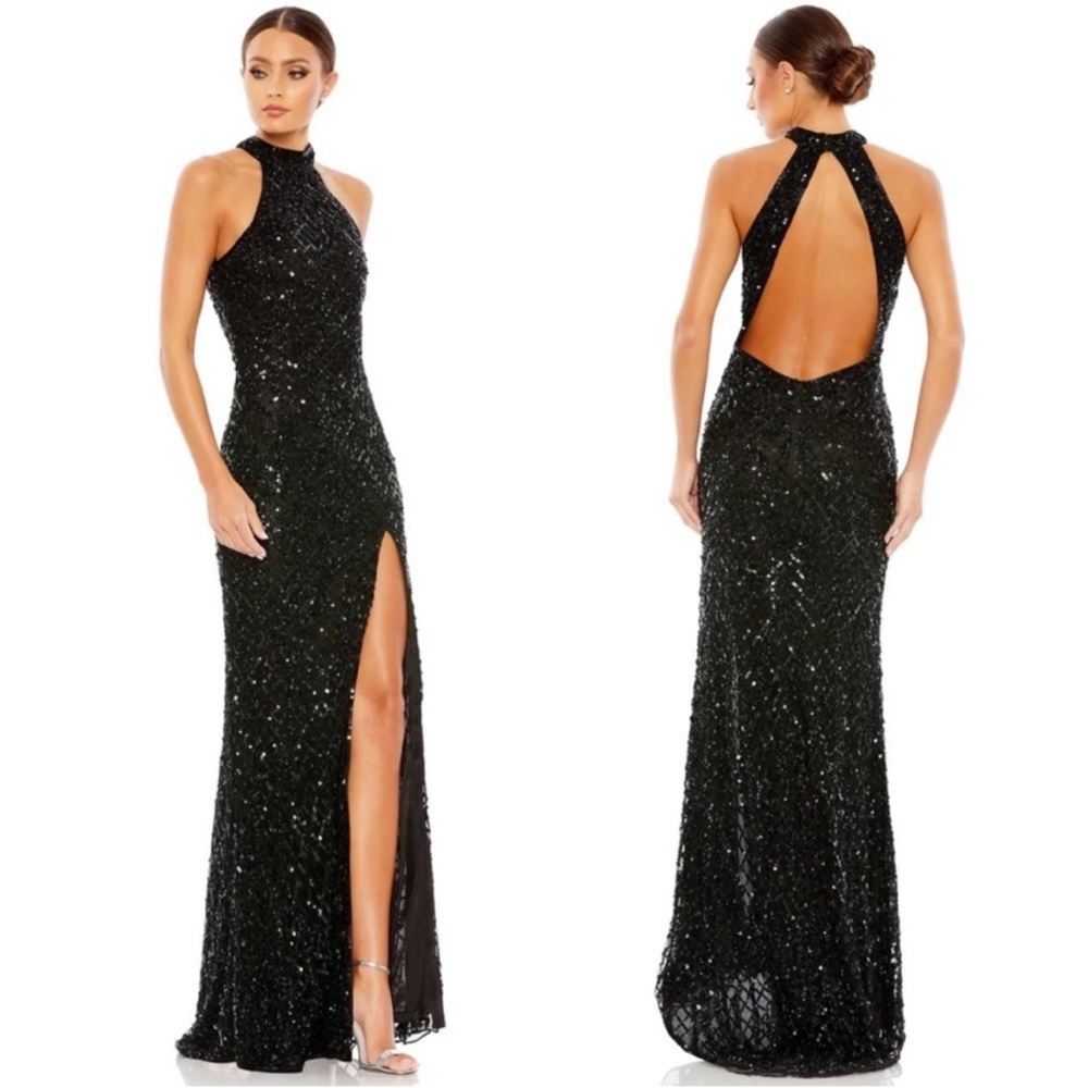 MAC DUGGAL Sequin Black Halter Open Back Gown size 6